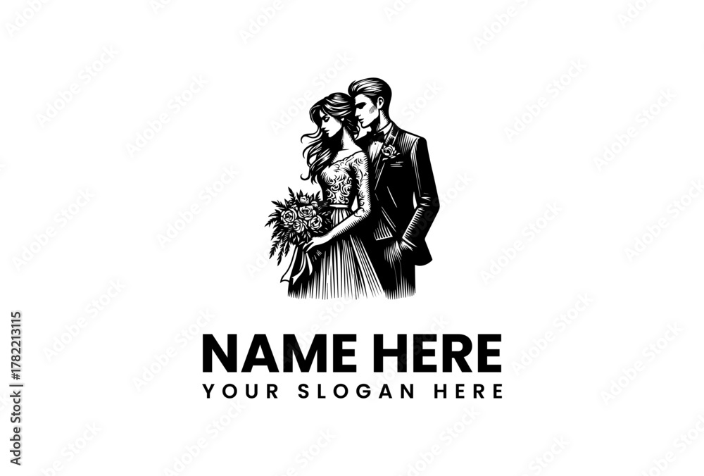 Naklejka premium Elegant Black and White Wedding Logo Template with Bride and Groom - Customizable Design