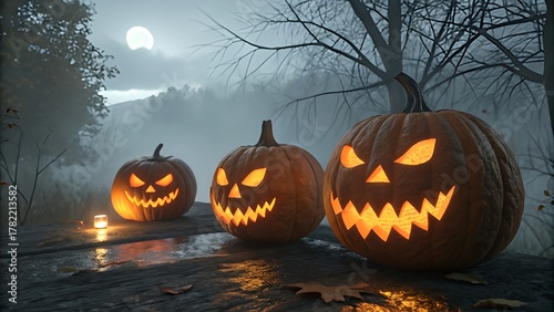 Scary Halloween Pumpkins Glowing at Night in Spooky Forest