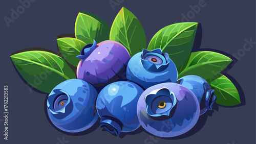 Very beautiful fresh Maine blueberries on a dark surface with green leaves, featuring soft natural lighting, rich blue tones, and a realistic clean food composition.