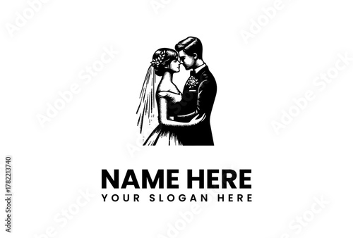 Classic hand-drawn logo of a bride and groom in a romantic embrace. Timeless vector illustration for wedding planners and matrimonial services