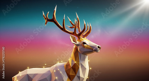Polygonal Glowing Deer Silhouette Against Vibrant Sunset Sky