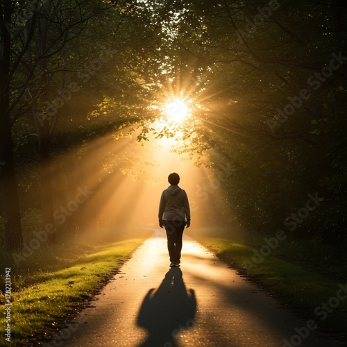 Person walking on a path towards a bright sunbeam through trees, creating a serene and hopeful atmosphere.