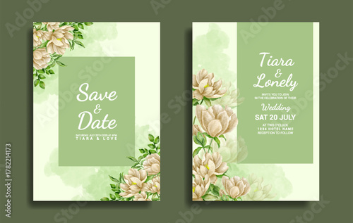 Wedding invitation card template with flowers watercolor on green background