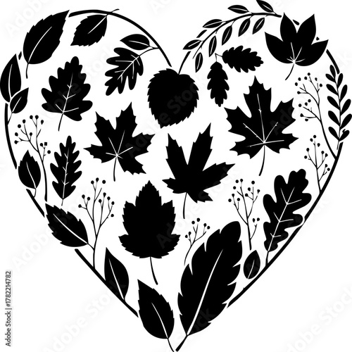 Heart shape made of various leaves silhouettes. Love nature concept, vector illustration.