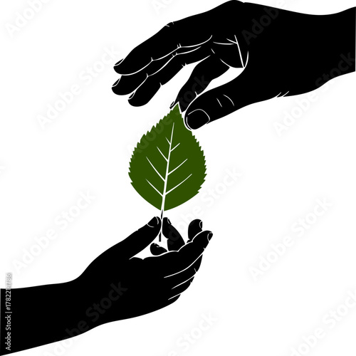 Hand silhouette giving or receiving a green leaf. Conservation and nature care concept.
