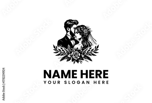Elegant Monochrome Wedding Couple Illustration in Loving Embrace, Adorned with Delicate Floral Accents – Perfect Graphic Design for Romantic Events and Memorable Invitations