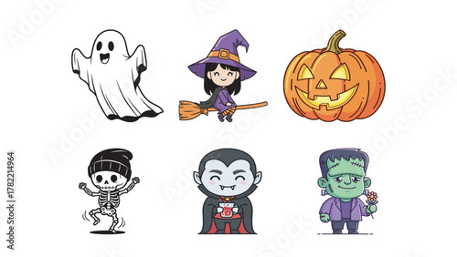 Cute Halloween Icons Ghost, Witch, Pumpkin, Skeleton, Vampire, and Frankenstein