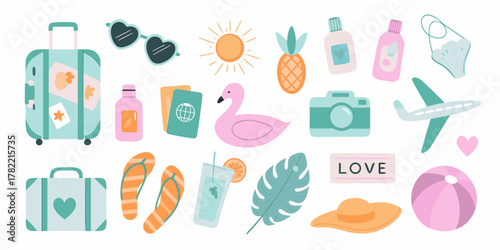 Collection of cute and colorful travel and vacation icons for summer holidays