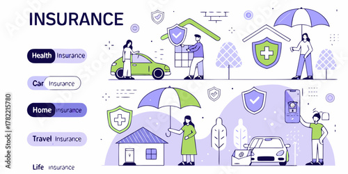 Diverse insurance coverage options illustrated with people protecting homes cars and health
