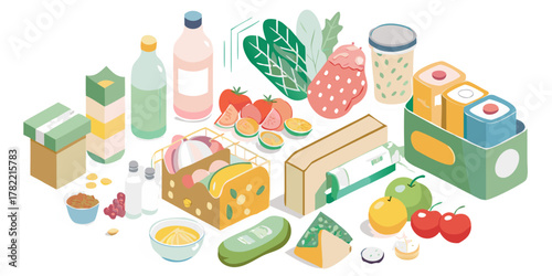 A colorful isometric illustration of a variety of fresh groceries and packaged food items arranged on a black background