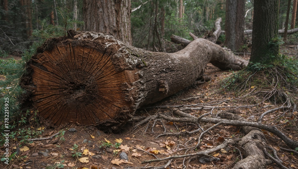 Obraz premium Uprooted tree revealing shallow root system, erosion risk