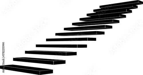 a staircase with black steps against a white background, stark and minimalist