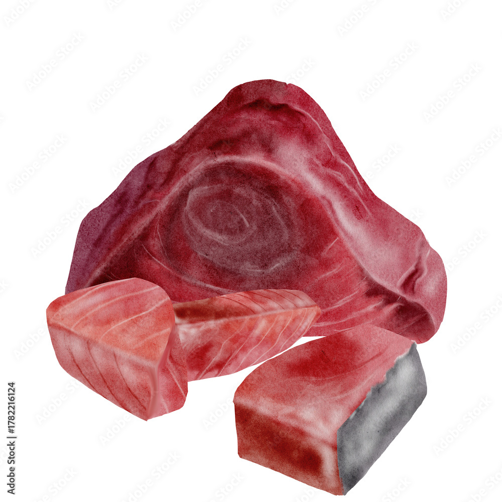 Obraz premium Tuna pieces watercolor illustration. Hand-drawn steak ocean fish on a white background. Food clip art. Perfect for restaurant menu recipe books and Japanese cuisine.