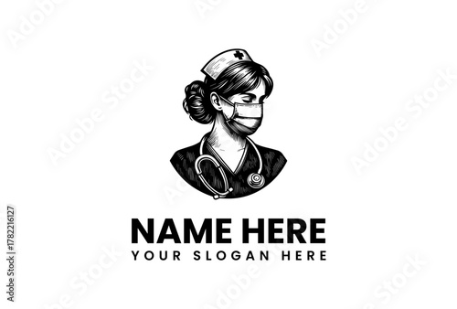 Vintage hand-drawn illustration of a dedicated female nurse wearing a protective face mask and stethoscope, symbolizing healthcare heroes