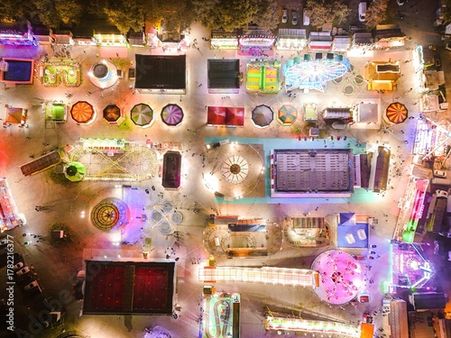 Turin, Italy, october 19, 2019: Night aerial view of amusement park