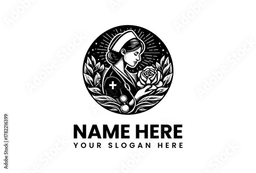 Nurse's Emblem A Gentle Caregiver with Floral Accents in an Emblem Style Logo