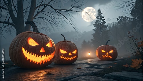 Scary Halloween Pumpkins Glowing at Night in Spooky Forest