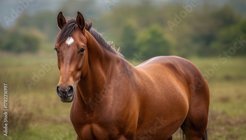 Brown horse featuring a distinct white bald spot, showcasing unique coat patterns