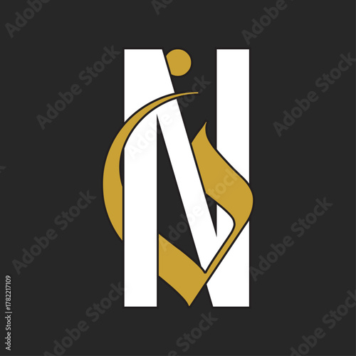 Elegant letter N and Arabic letter Noon (ن) logo. Gold and black bilingual calligraphy monogram.