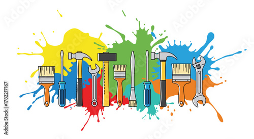 Vibrant tools and paint splatters create a dynamic artistic background for home improvement and DIY projects