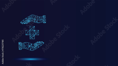 Abstract Polygonal Hands Holding Medical Cross Symbol Illustration - Futuristic Technology Healthcare Concept with Geometric Wireframe Design on Dark Blue Background