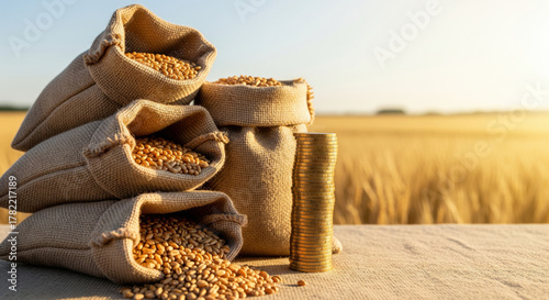 Burlap sacks filled with wheat grain stacked beside tall pile of gold coins on table, with golden wheat field in background, symbolizing agricultural wealth