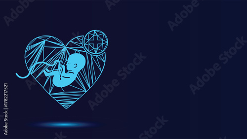 Geometric Fetus Inside Heart Vector Illustration A Symbolic Representation of New Life Pregnancy and Medical Care with Intricate Design on Dark Blue Backdrop