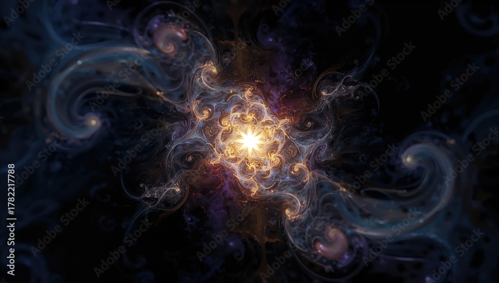 Fototapeta premium Abstract fractal design against a dark background featuring a glowing star, artistic backdrop