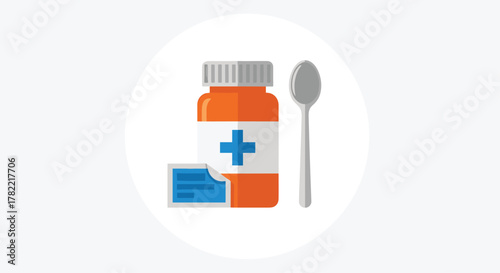 Modern medicine bottle with cross, label, and spoon symbolizing healthcare and wellness solutions
