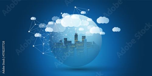 Dark Blue and White Smart City, Cloud Computing Design Concept with Transparent Globe and Cityscape, Tall Buildings, Skyscrapers Inside - Digital Polygonal Network Connections, Technology Background