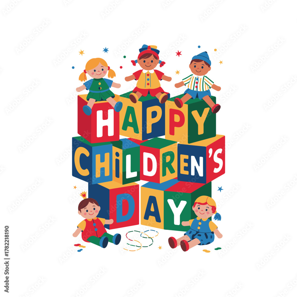 Fototapeta premium Joyful celebration of happy children's day with colorful blocks and playful kids artwork