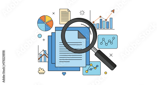 Magnifying glass examines financial data charts and reports, revealing business growth insights and analytics