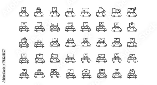 Minimalistic outline icon set featuring vans loaded with boxes, symbolizing delivery, logistics, and e-commerce. This vector cartoon illustration collection is perfect for web design, graphic design