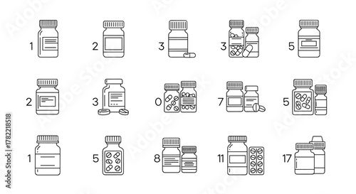 Collection of thin line icons representing bottles of pills and blister packs, perfect for web, books, cards, and apps. Editable stroke vector cartoon illustrations on a white background.
