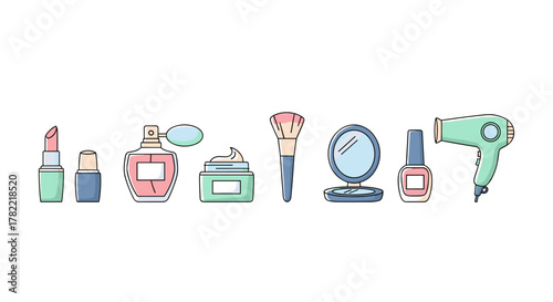A vibrant and clean vector cartoon illustration showcases a collection of essential beauty products arranged in a neat line against a crisp white background, featuring lipstick, perfume, cream