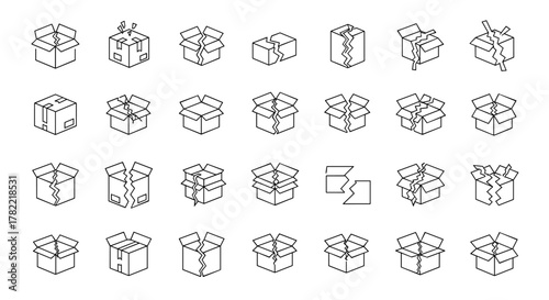 Collection of outline icons representing broken and damaged cardboard boxes, symbolizing shipping issues, delivery problems, and product damage, perfect for graphic design, web, apps, and advertising