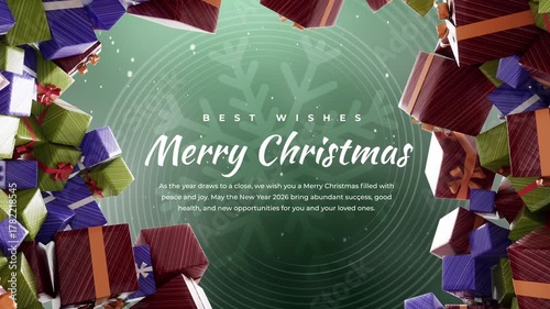 Merry Christmas greeting card with a frame of colorful gift boxes and best wishes text on a green background with snowflakes