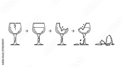 Sequence of a wine glass breaking into pieces, depicted as a thin line icon set on a white background, illustrating stages from intact to shattered, perfect for web, books, cards, and apps.