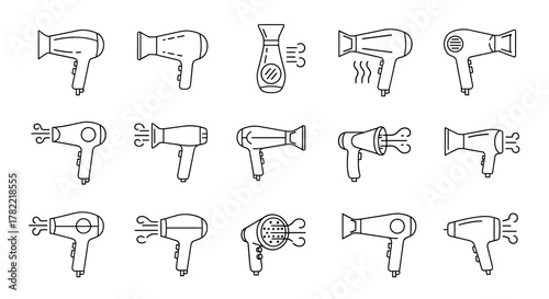 Collection of minimalistic linear pictograms representing hair dryers in various styles and configurations, perfect for web, graphic design, apps, banners, social networks, and cards. This vector