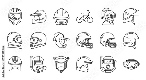 Diverse Collection of Helmet-Related Line Icons: A Comprehensive Bundle of Outline Signs for Graphic Design, Web Design, Apps, Advertisements, and Various Cards, Presented as a Versatile Vector