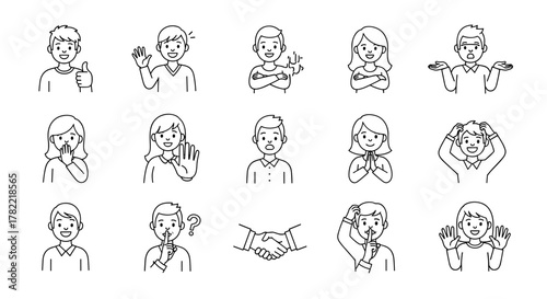 Collection of doodle-style line art illustrations featuring diverse characters expressing various nonverbal communication signs and gestures, including thumbs up, waving, crossed arms, shrugging