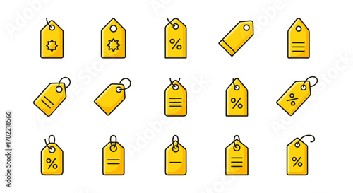 Collection of vibrant, flat-design yellow price tag icons with a minimalistic linear pictogram style, perfect for web and graphic design, apps, banners, social networks, and cards, offering a