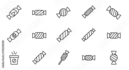 A collection of diverse candy vector icons presented in a clean, thin line art style, featuring various shapes and wrapper designs, including striped and twisted candies, alongside a steaming coffee
