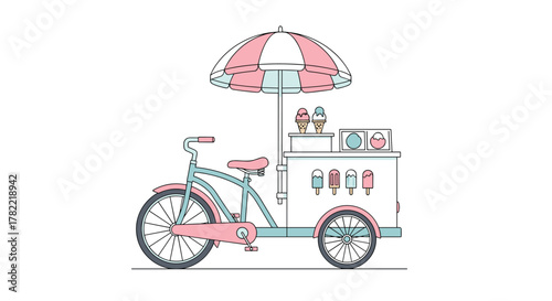 Charming pastel ice cream cart on bicycle, ready to serve sweet treats and bring joy to summer days