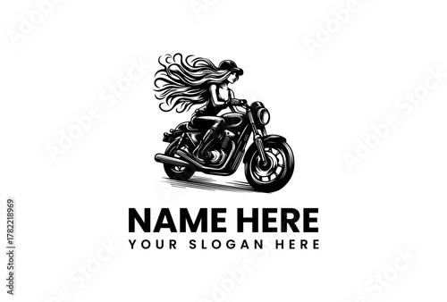 Hand-drawn retro logo of a female rider with flowing hair on a custom cruiser motorcycle. Black and white vector illustration for a brand identity