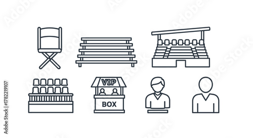 Audience and seating icon set, featuring a director's chair, bleacher bench, grandstand, VIP box, and spectator figures, presented as a clean, ordered line art collection suitable for various design