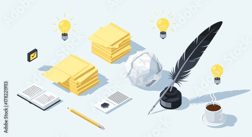 Isometric vector illustration set showcasing creative writing tools and idea generation, featuring stacks of yellow notes, a crumpled paper ball, an inkwell with a quill pen, an open book, a pencil