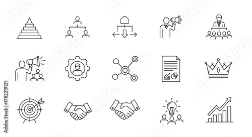 Thin line icon set representing hierarchy, organization, leadership, and management, with editable strokes on a white background. Includes icons for pyramid structure, team hierarchy, flowchart