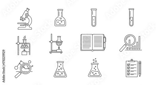 A collection of line-style icons representing scientific research and experimentation, including a microscope, chemical flasks, test tubes, a lab notebook, an experiment setup with a Bunsen burner, a