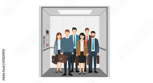 Professional team ready for success, standing together in a modern office elevator, carrying briefcases